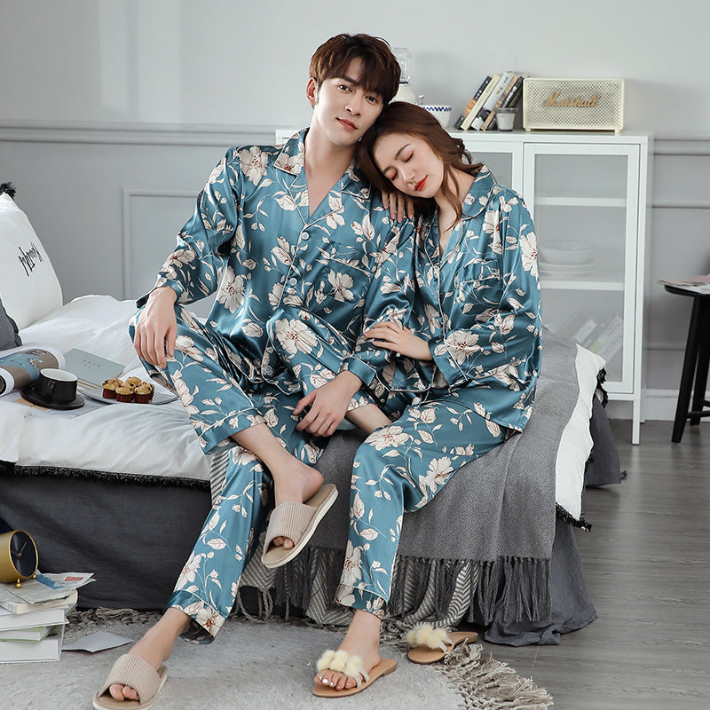 Ice Silk Couple Pajamas Spring And Summer Long-sleeved Printed Silk Pajamas