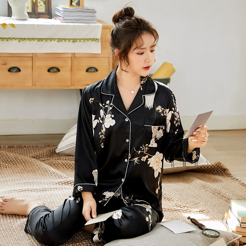 Ice Silk Couple Pajamas Spring And Summer Long-sleeved Printed Silk Pajamas