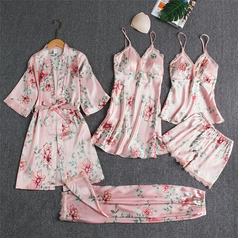 Blushy Silky Texture 5 Piece Pajama Set