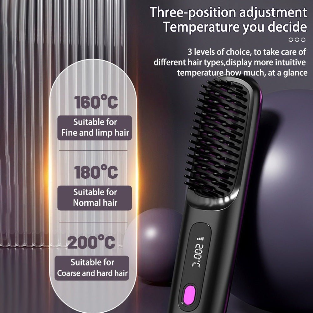 2 In 1 Straight Hair Comb Wireless Hair Straightener Brush Hair Fast Heating Portable Hot Curler USB Charging - Egga Concept