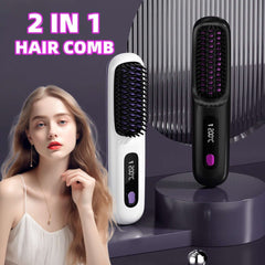 2 In 1 Straight Hair Comb Wireless Hair Straightener Brush Hair Fast Heating Portable Hot Curler USB Charging - Egga Concept