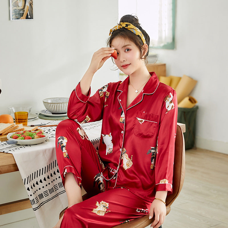 Ice Silk Couple Pajamas Spring And Summer Long-sleeved Printed Silk Pajamas