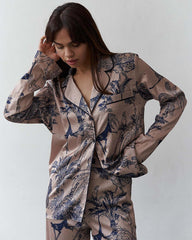 Women's Fashion Satin Printed Cardigan Pajamas Two-piece Set