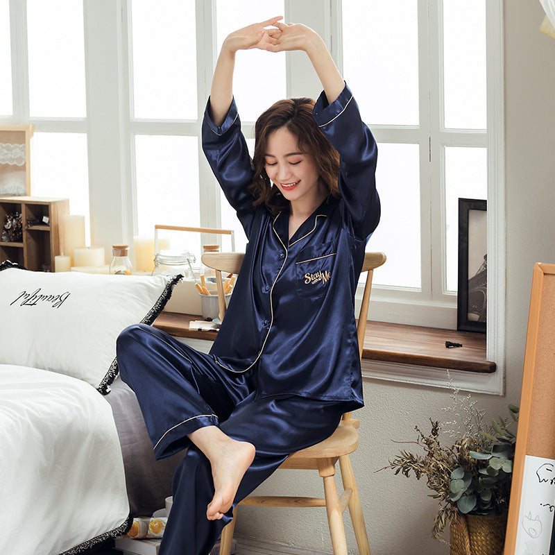 Ice Silk Couple Pajamas Spring And Summer Long-sleeved Printed Silk Pajamas