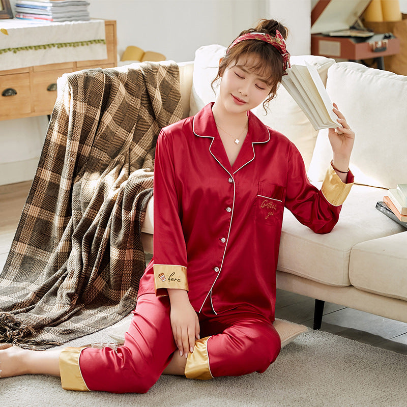 Ice Silk Couple Pajamas Spring And Summer Long-sleeved Printed Silk Pajamas