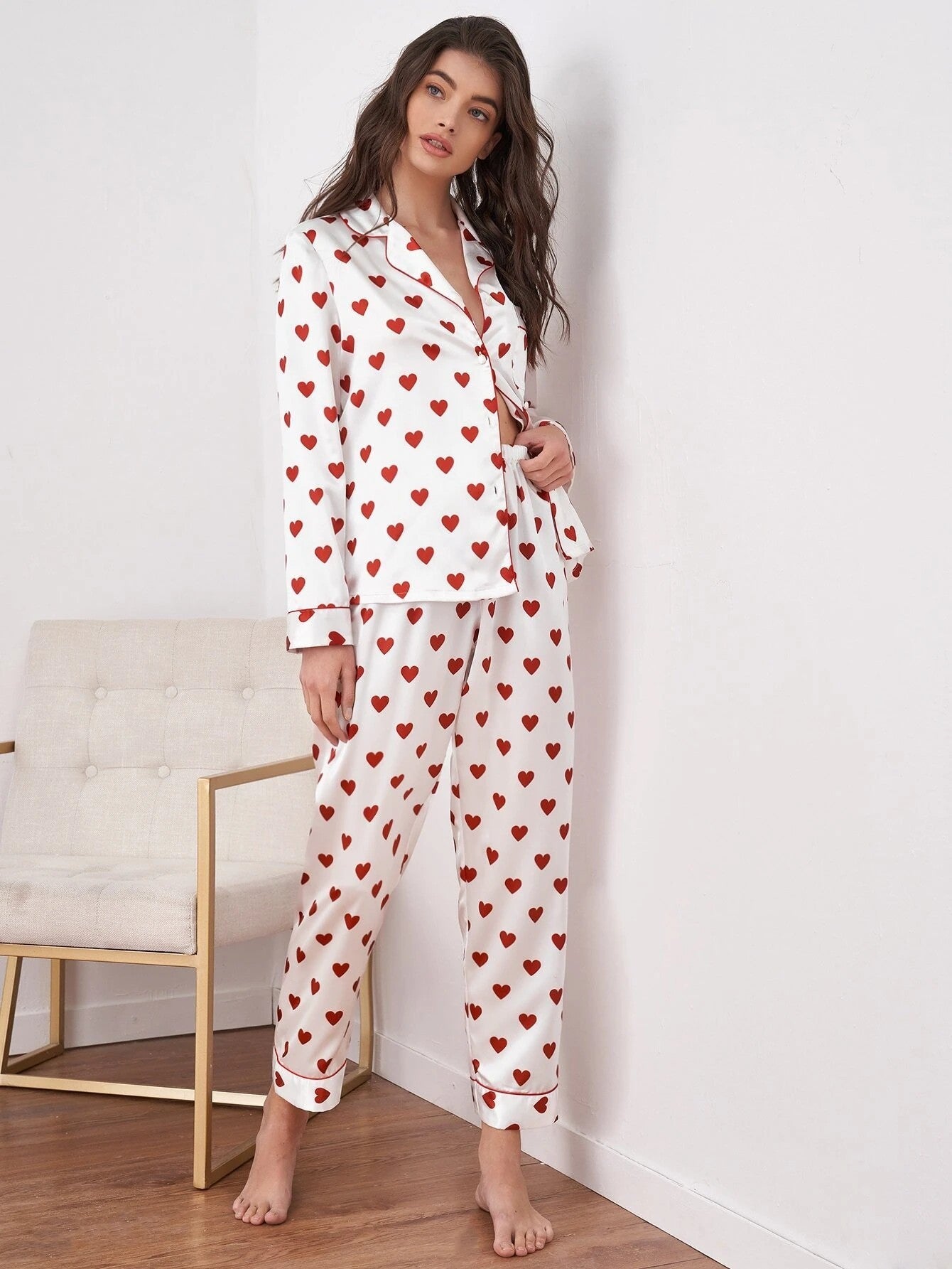 Heart Printing Two-piece Silk Pajamas