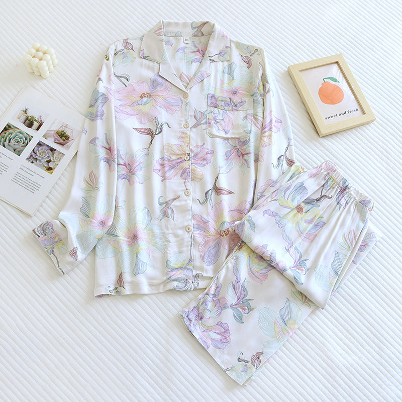 Women's Fashionable Cotton Satin Printed Pajamas Home Wear Suit