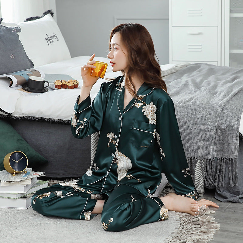 Ice Silk Couple Pajamas Spring And Summer Long-sleeved Printed Silk Pajamas