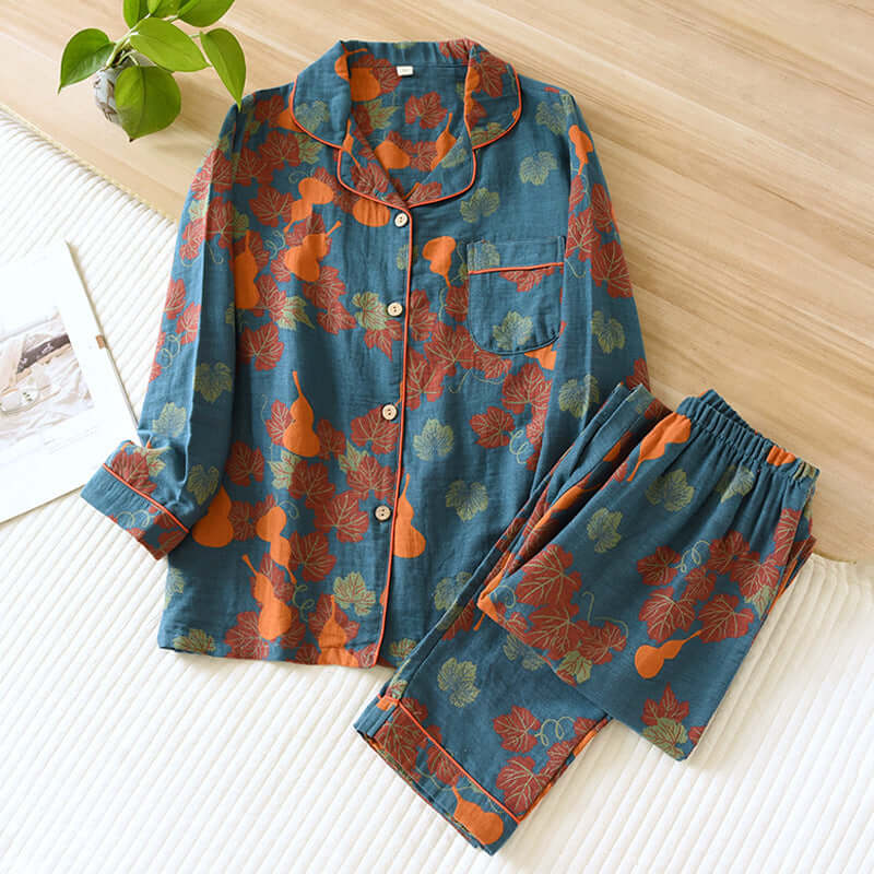 Thin Cotton Gauze Yarn-dyed Jacquard Pajamas Suit For Women