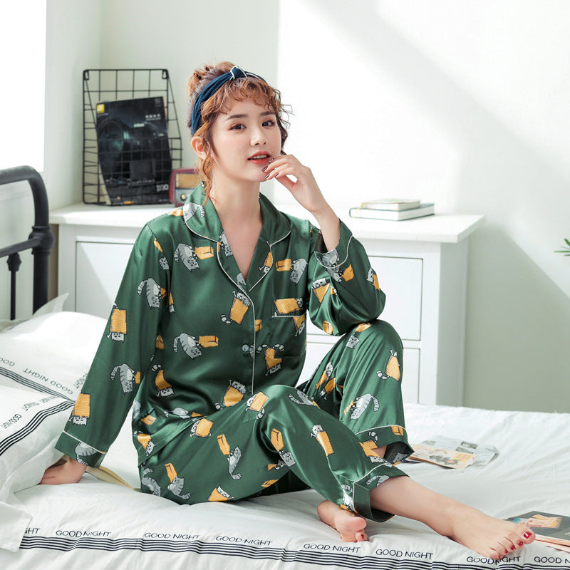 Ice Silk Couple Pajamas Spring And Summer Long-sleeved Printed Silk Pajamas