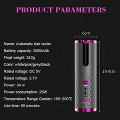 LED Screen Electric Automatic Rotating Curling Iron 3000mAh Mini Portable Thermostatic Electric Cordless Hair Curler