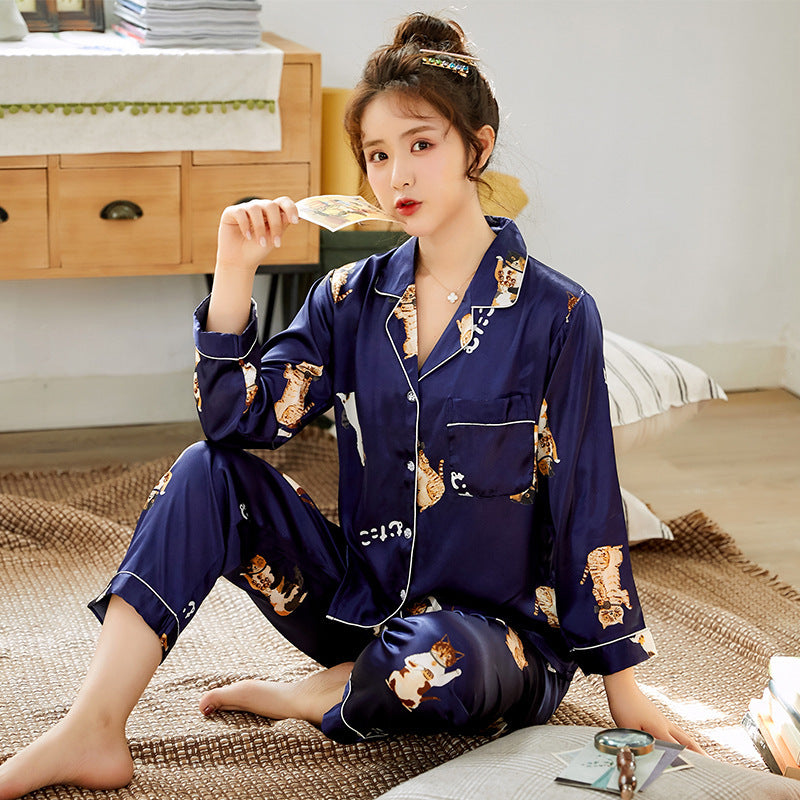 Ice Silk Couple Pajamas Spring And Summer Long-sleeved Printed Silk Pajamas