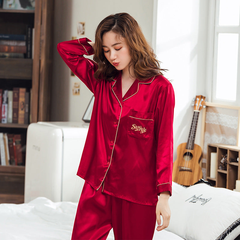 Ice Silk Couple Pajamas Spring And Summer Long-sleeved Printed Silk Pajamas