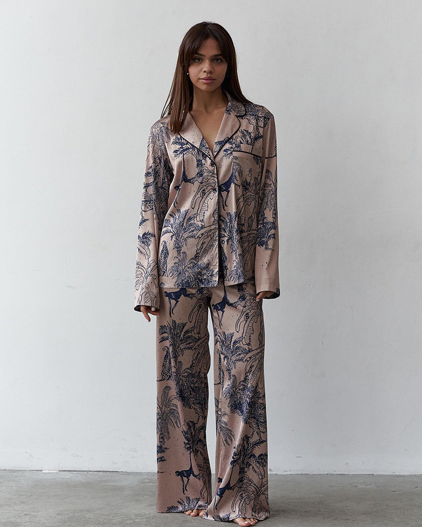 Women's Fashion Satin Printed Cardigan Pajamas Two-piece Set