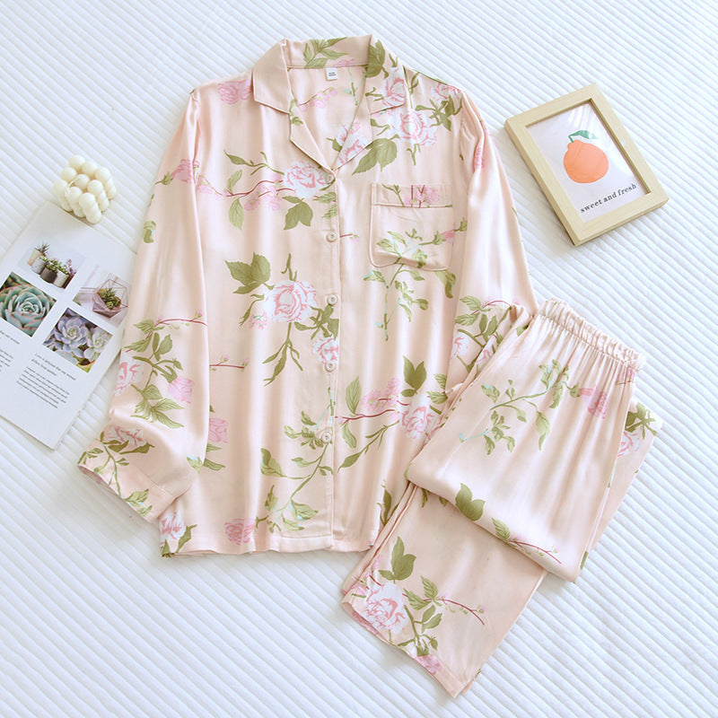 Women's Fashionable Cotton Satin Printed Pajamas Home Wear Suit