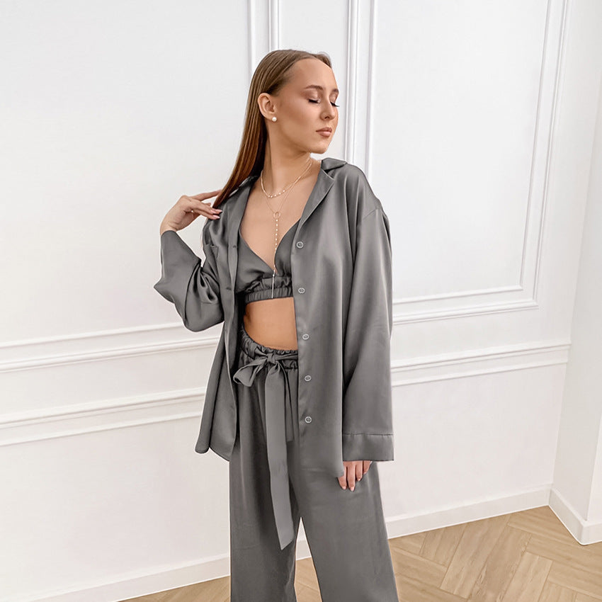 Satin  Shirt Trousers Bow Fringe Three-Piece Pajamas