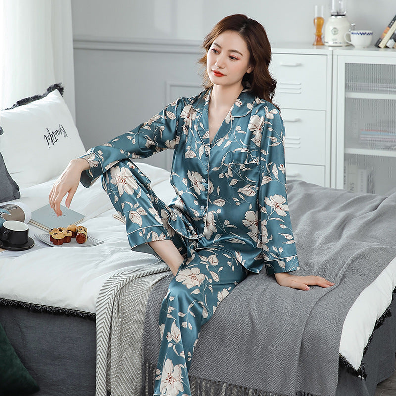 Ice Silk Couple Pajamas Spring And Summer Long-sleeved Printed Silk Pajamas