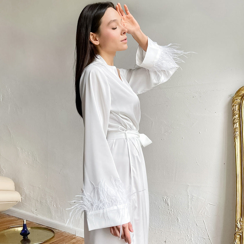 White Fashion Bowknot Pajamas Satin Long Ladies' Homewear