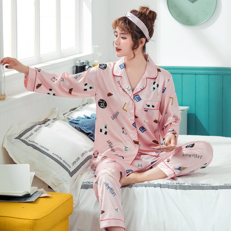 Ice Silk Couple Pajamas Spring And Summer Long-sleeved Printed Silk Pajamas