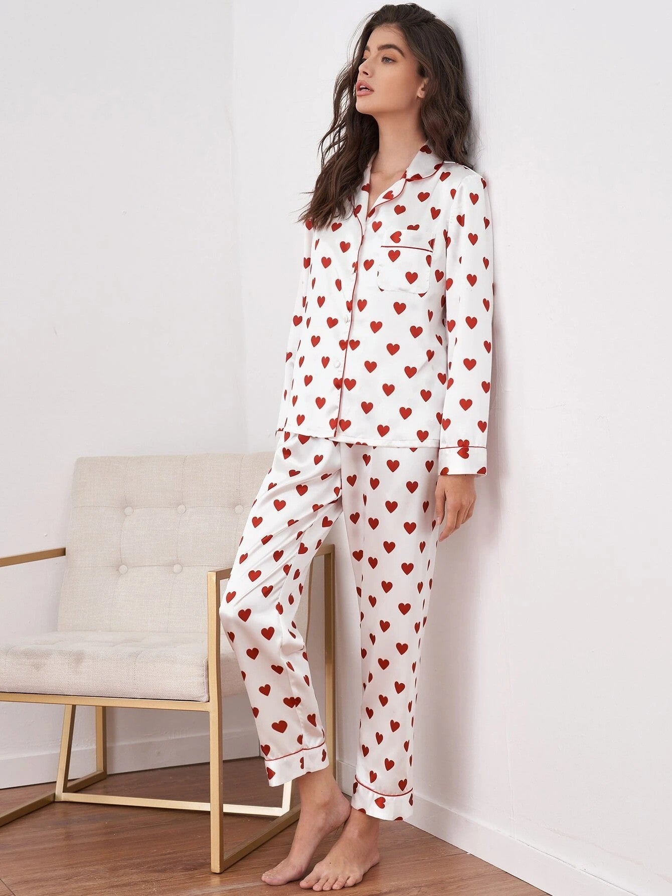 Heart Printing Two-piece Silk Pajamas