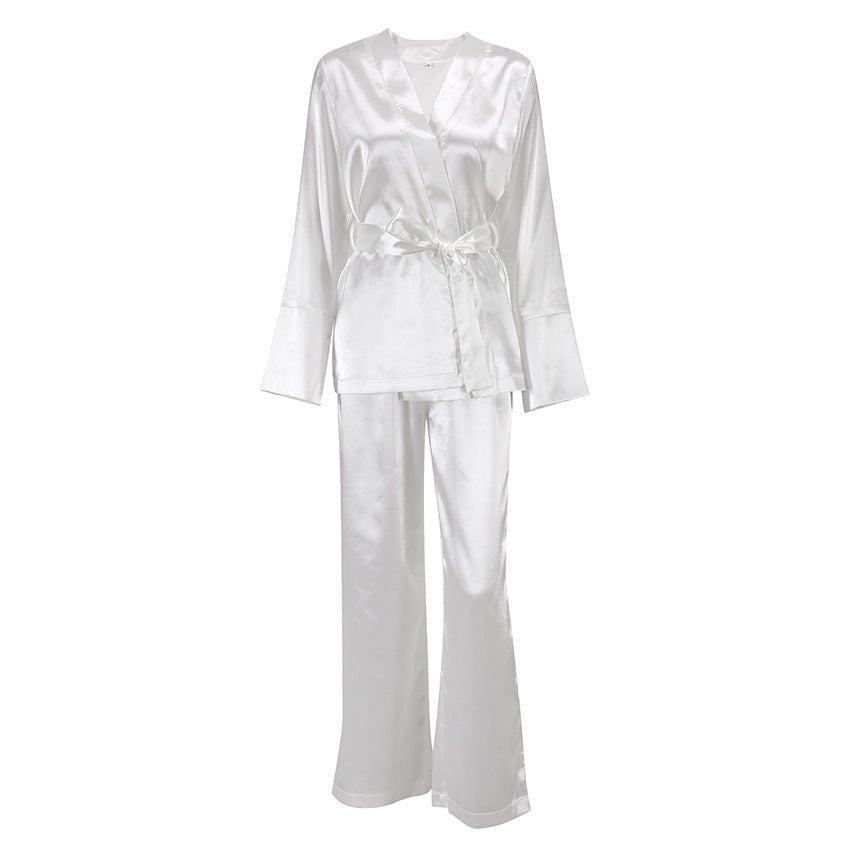 Cardigan Strap Ice Silk Robe Blouse And Pants Pajamas For Women - Egga Concept