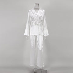 Cardigan Strap Ice Silk Robe Blouse And Pants Pajamas For Women - Egga Concept