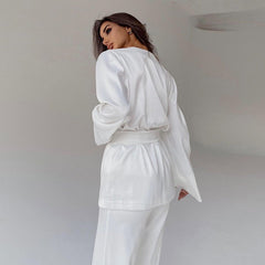 Cardigan Strap Ice Silk Robe Blouse And Pants Pajamas For Women - Egga Concept