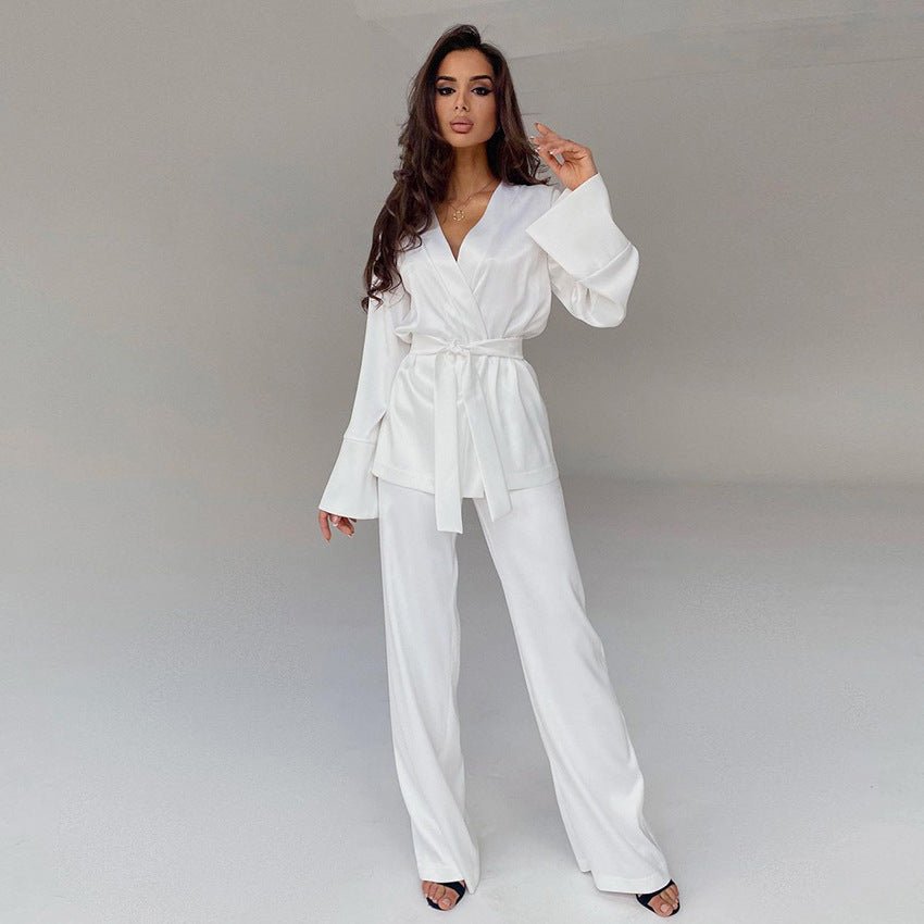 Cardigan Strap Ice Silk Robe Blouse And Pants Pajamas For Women - Egga Concept