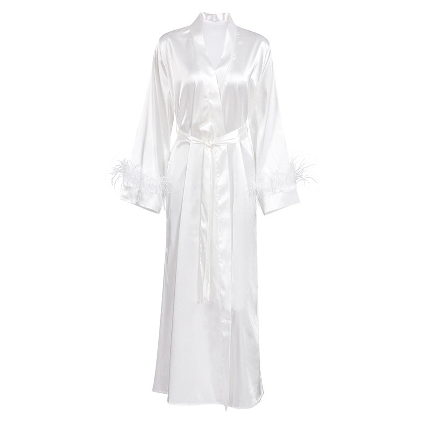 White Fashion Bowknot Pajamas Satin Long Ladies' Homewear