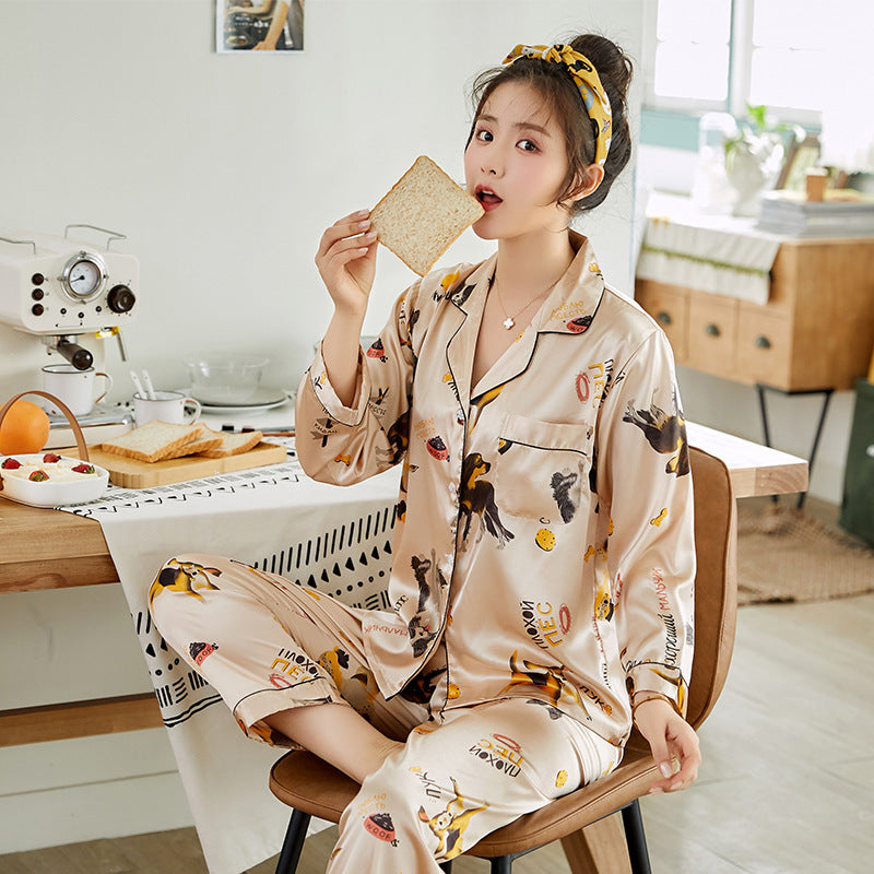 Ice Silk Couple Pajamas Spring And Summer Long-sleeved Printed Silk Pajamas