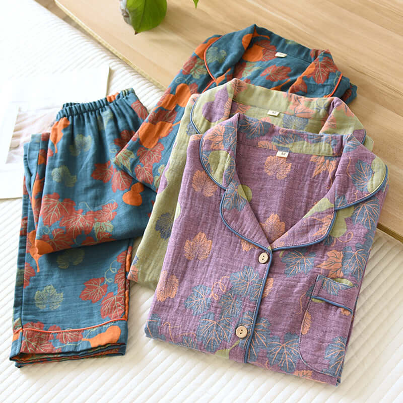 Thin Cotton Gauze Yarn-dyed Jacquard Pajamas Suit For Women