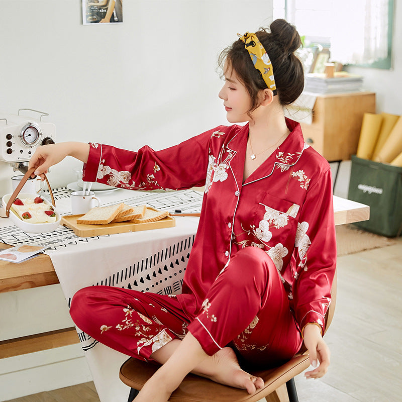 Ice Silk Couple Pajamas Spring And Summer Long-sleeved Printed Silk Pajamas